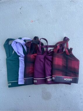 NWOT Bundle of 6 Woxer Sports Bras - Green, Lavender, Purple, Burgundy Plaid